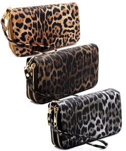 Package of 6 Pieces Leopard Double Zip Around Wallet Wristlet LE0012